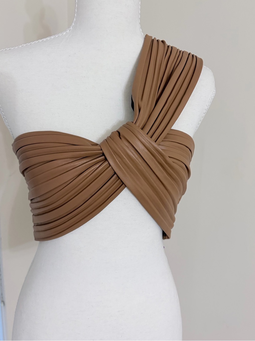 A.L.C. One-Shoulder Faux Leather Cropped Top - Camel - Size 8